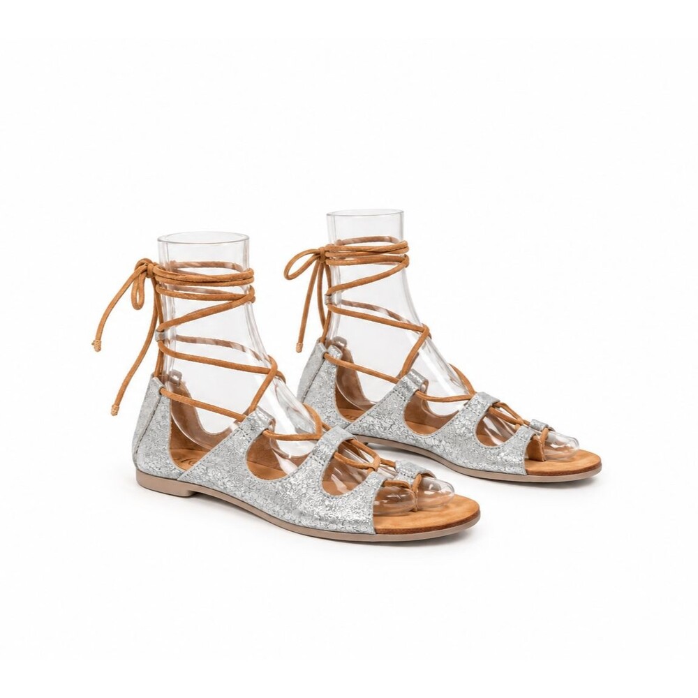 Free People Silver Metallic Leather Sandals Women 6 Lace Up Boho Gladiator